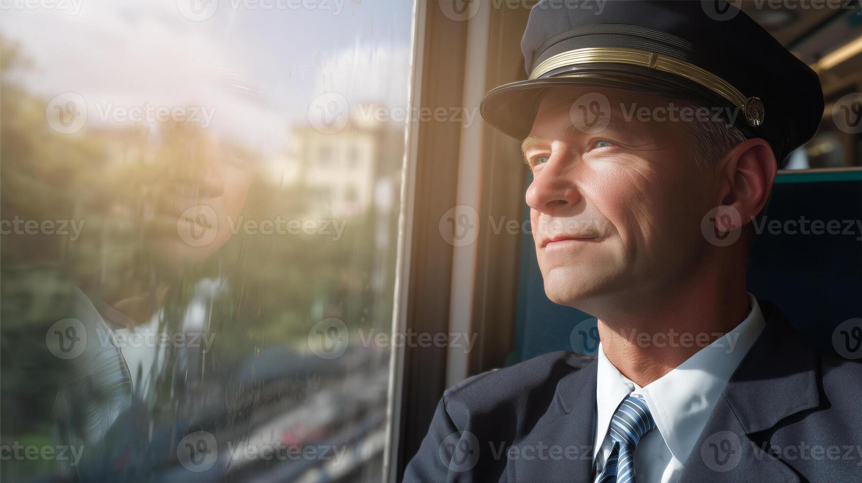 A man dressed in a conductor's uniform looks thoughtfully out the window of a train. The warm sunlight highlights his focused expression as he enjoys the view during a break in his duties. photo