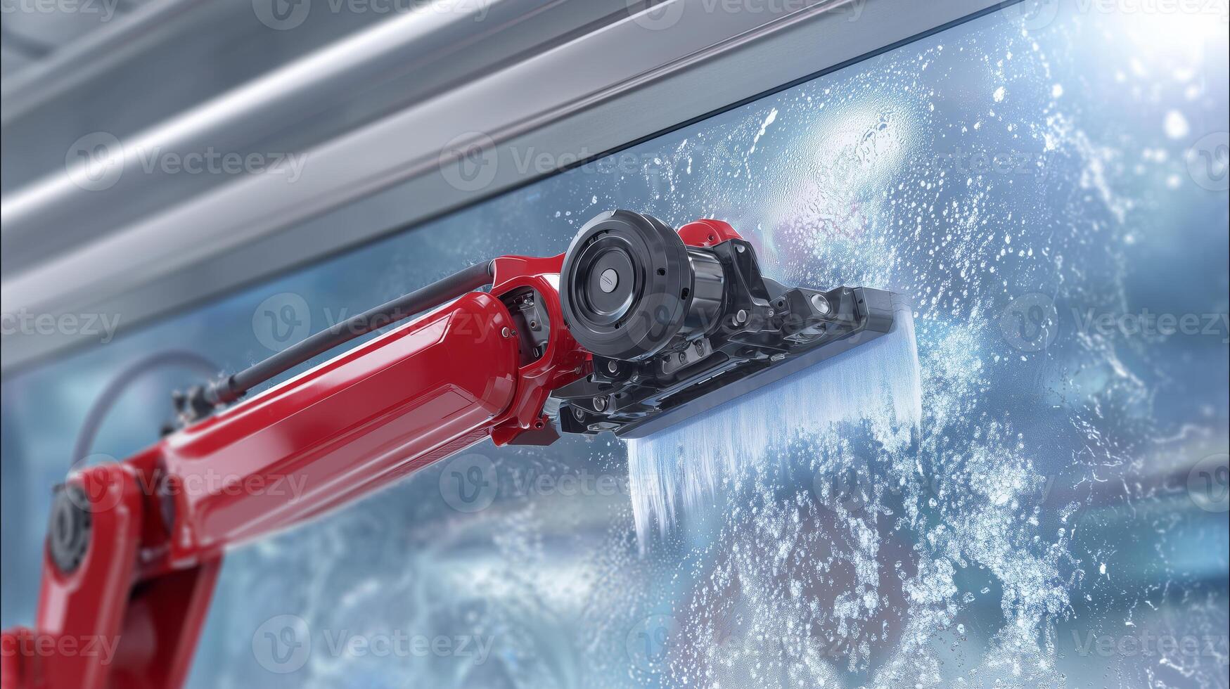 A robotic arm is actively cleaning surfaces in a contemporary apartment. The advanced technology utilizes precision movements for efficient cleaning. photo