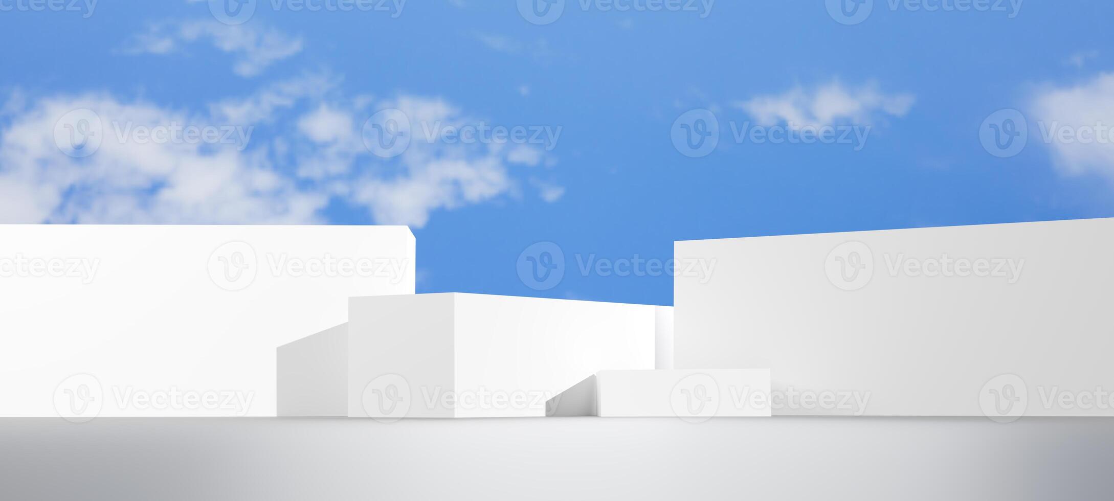 Minimalist white square podiums contrast against a bright blue sky and soft cloud. Clean, abstract outdoor setting creates a serene backdrop, Showcasing products or architectural and conceptual themes photo