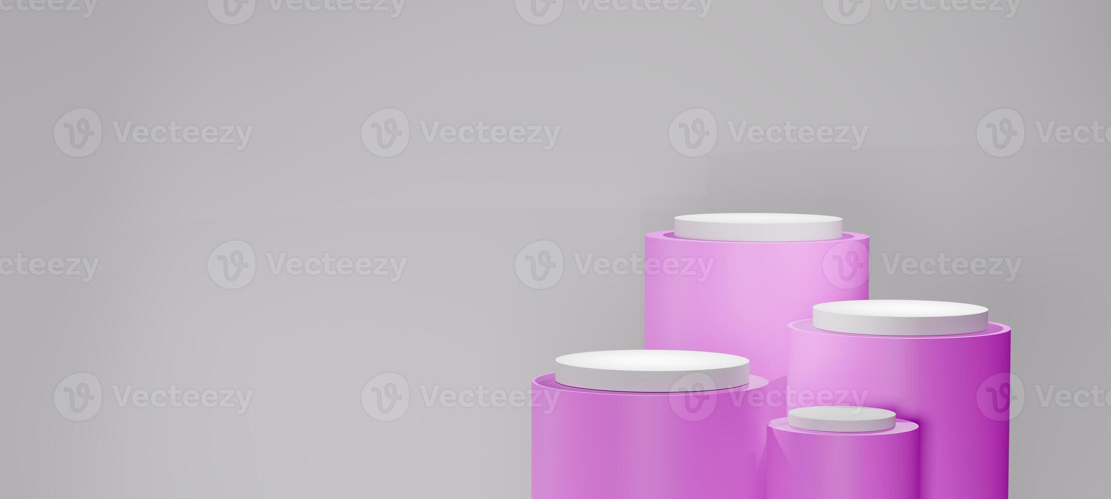 3D render product, four elegant cylindrical podiums of different heights with purple platforms set against a white background, Modern minimalist product displays, branding visuals, Stand show. photo