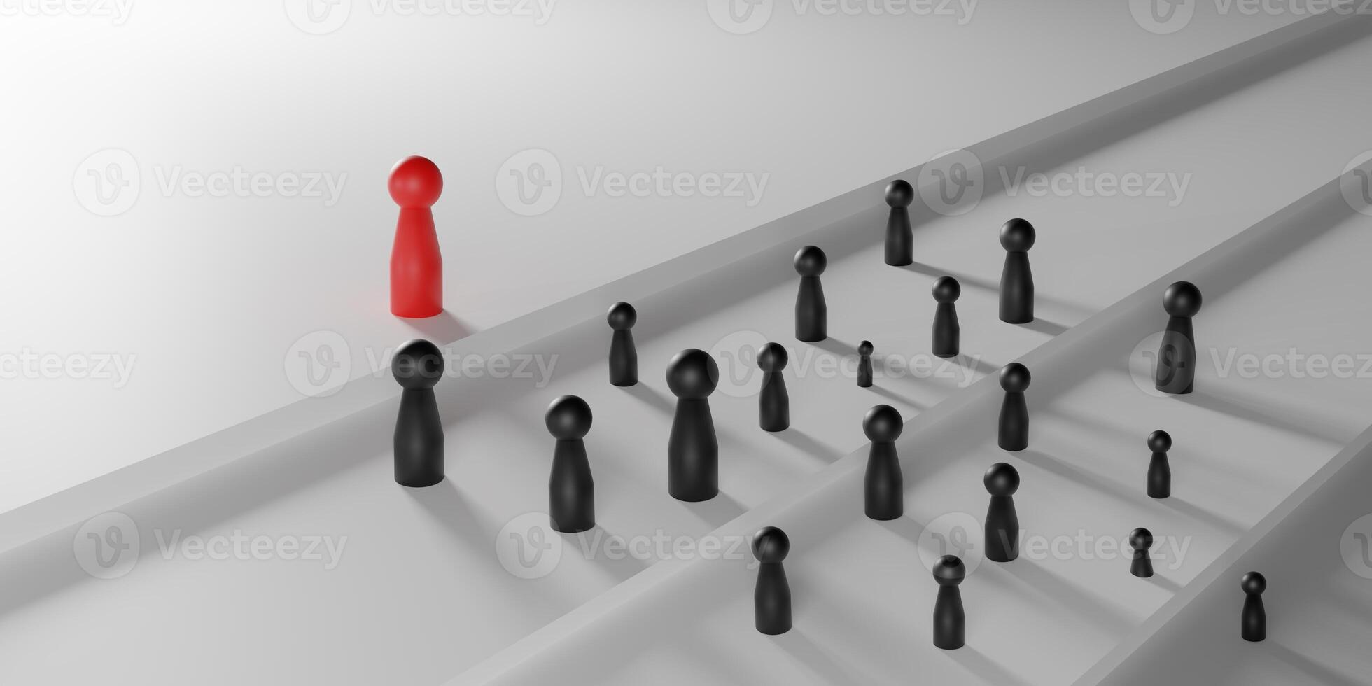 3D render highlights contrast and hierarchy for strong visual impact and conceptual clarity. Red doll stands out among white doll on black stairs, symbolizing leadership, individuality, and success. photo