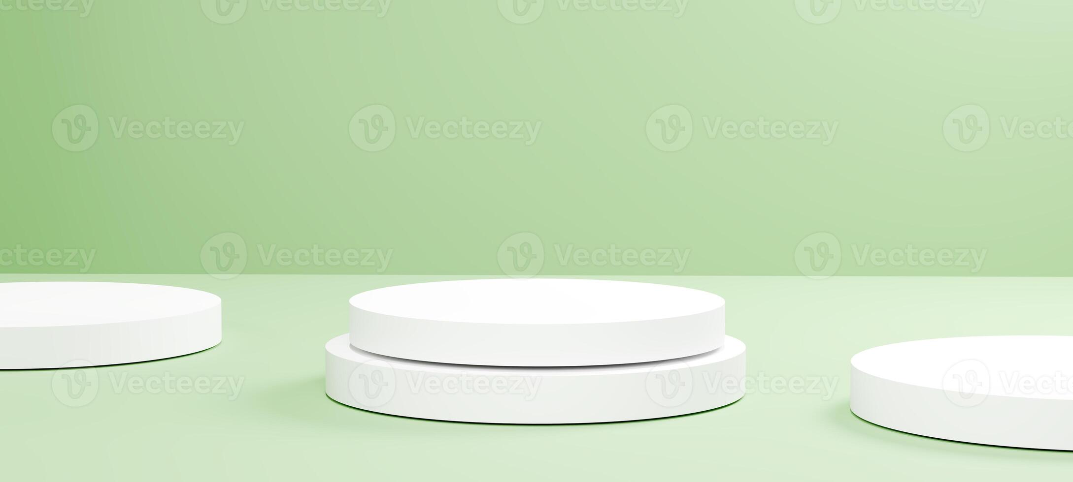 3D green podium background with white cylinder pedestal and leaf natural light, perfect for product display, modern design mockups, Minimal pastel composition. Cosmetics and digital campaigns. photo