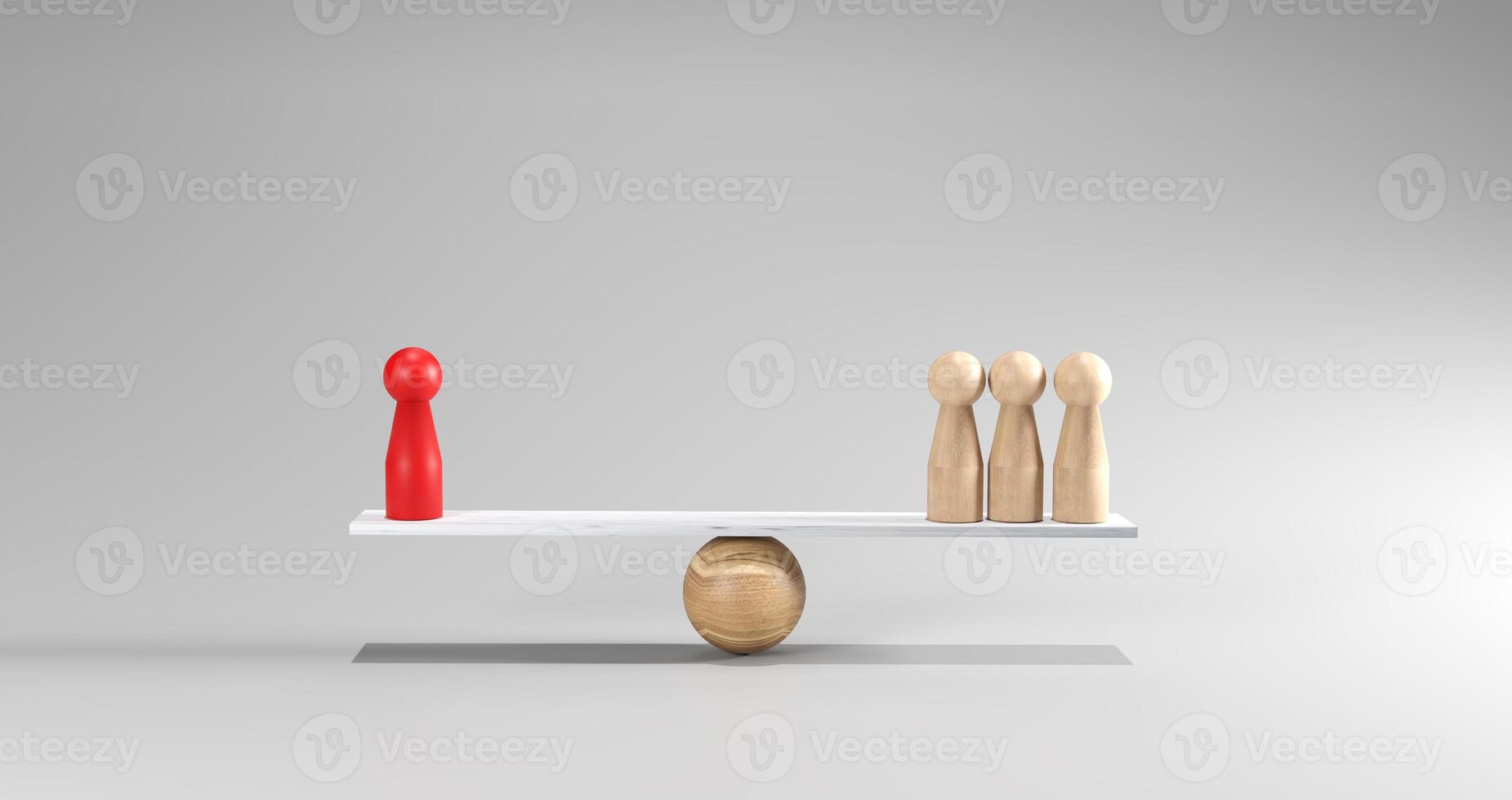 3d Red doll and wooden doll figures balanced on a scale, symbolizing equality, leverage, strategic decision-making. Conceptual reflects fairness, power dynamics, resource management in modern business photo
