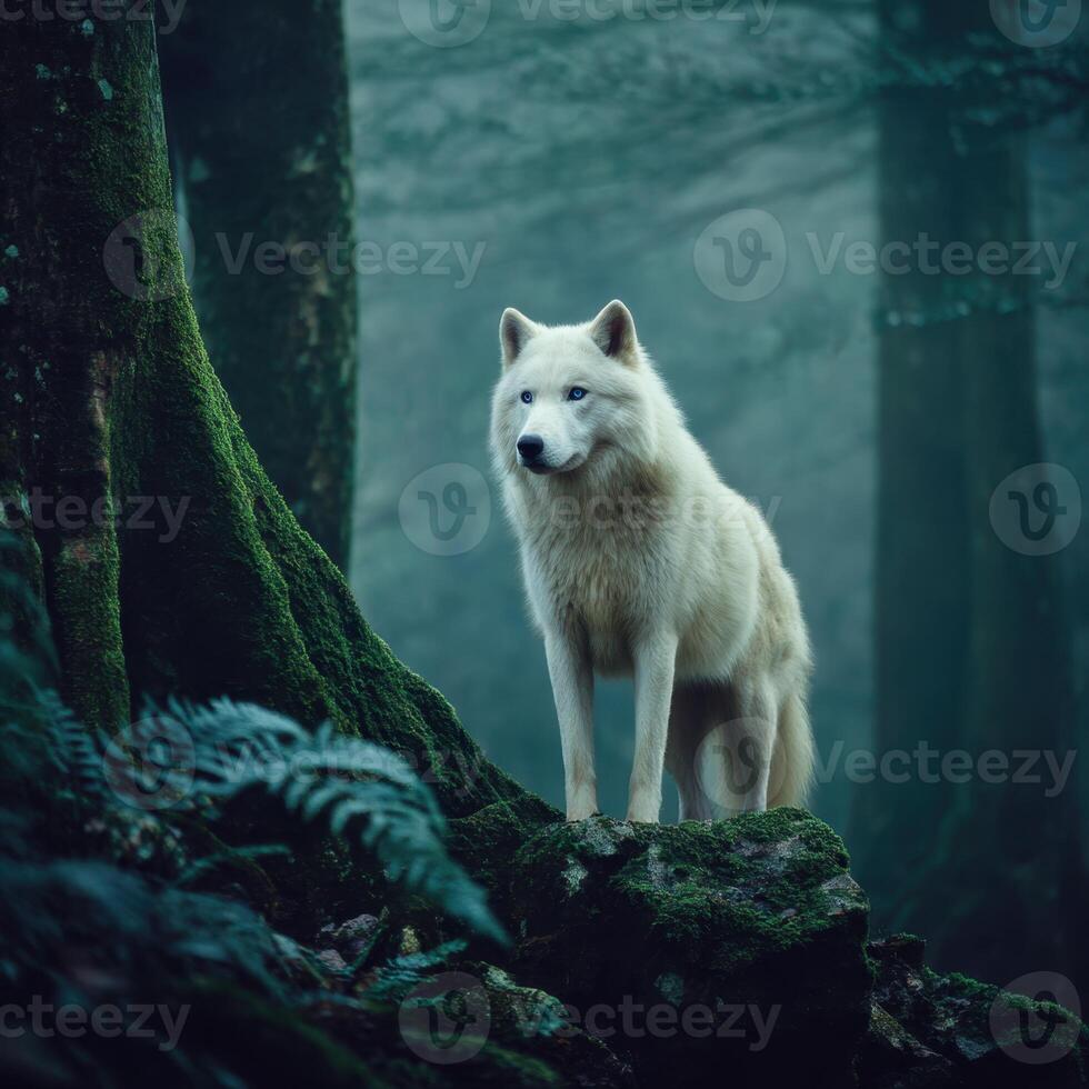 Majestic White Wolf Stands Among Lush Green Forest Environment photo