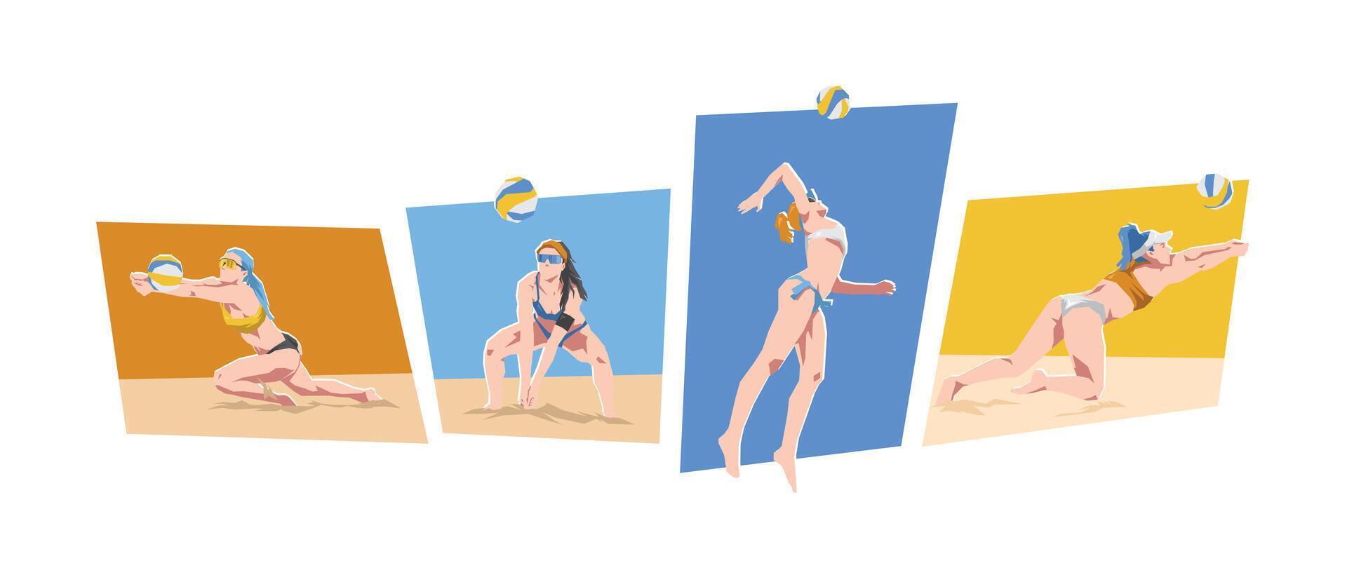 Female beach volleyball player character set illustration. Sport, game, summer. Flat cartoon graphic. vector