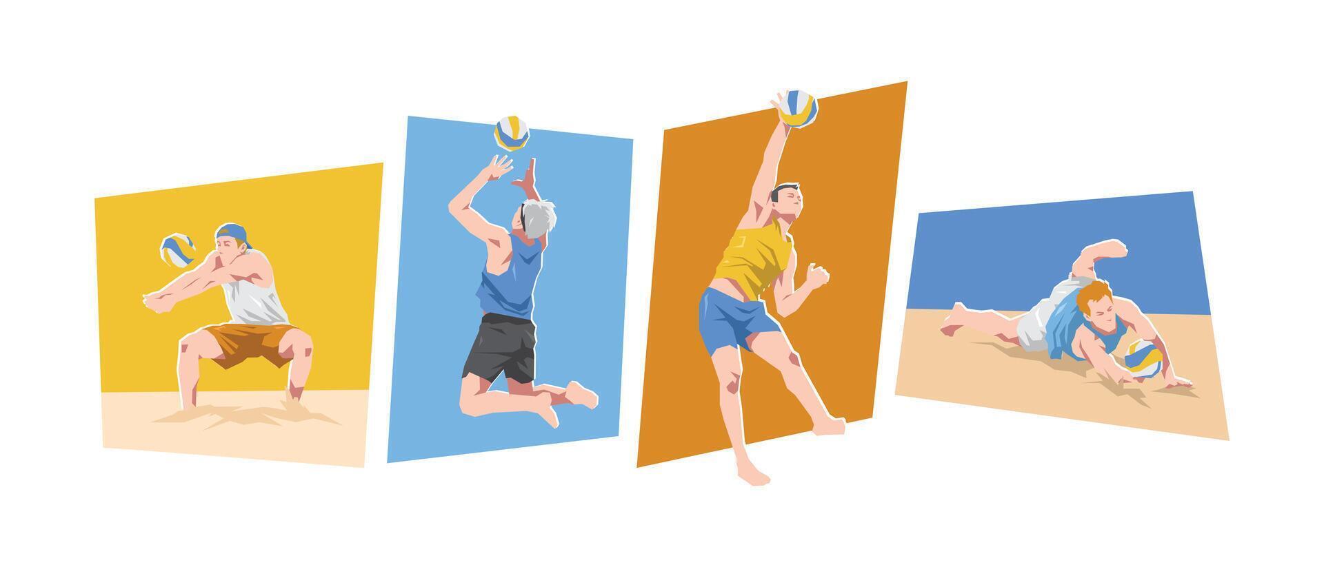 Male beach volleyball player character set illustration. Sport, game, summer. Flat cartoon graphic. vector