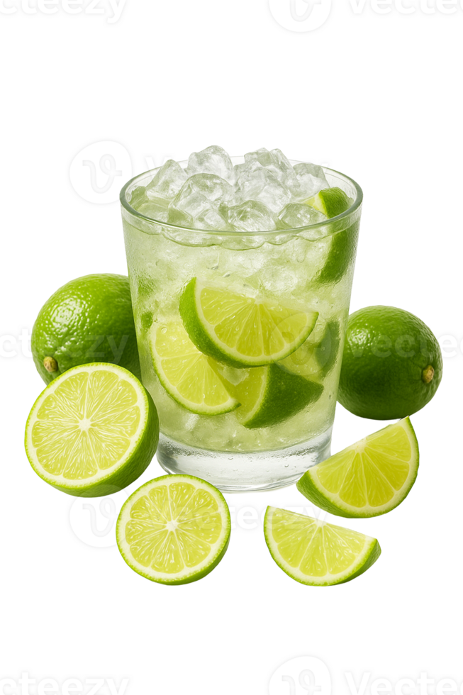 Caipirinha cocktail with lime and ice png