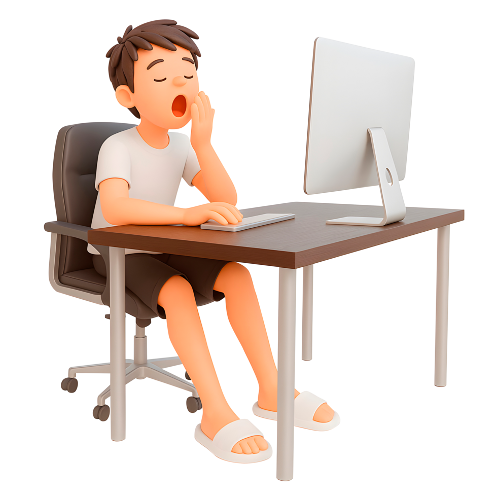 3D Rendering Tired Freelancer Cartoon Character Yawning at Computer png