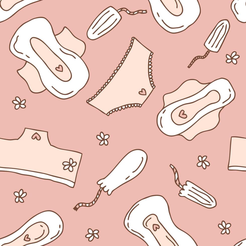 Women period doodle seamless pattern in flat style. Tampons and pads gynecological hygiene products template. Hand drawn background. vector