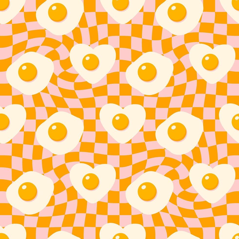 Doodle seamless pattern with fried eggs on trippy grid background. Aesthetic geometric print for paper, fabric, textile. Hand drawn illustration for decor and design. vector