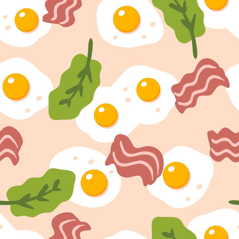 Breakfast seamless pattern with fried eggs, bacon and salad. Great design for any purposes. Hand drawn illustration. vector