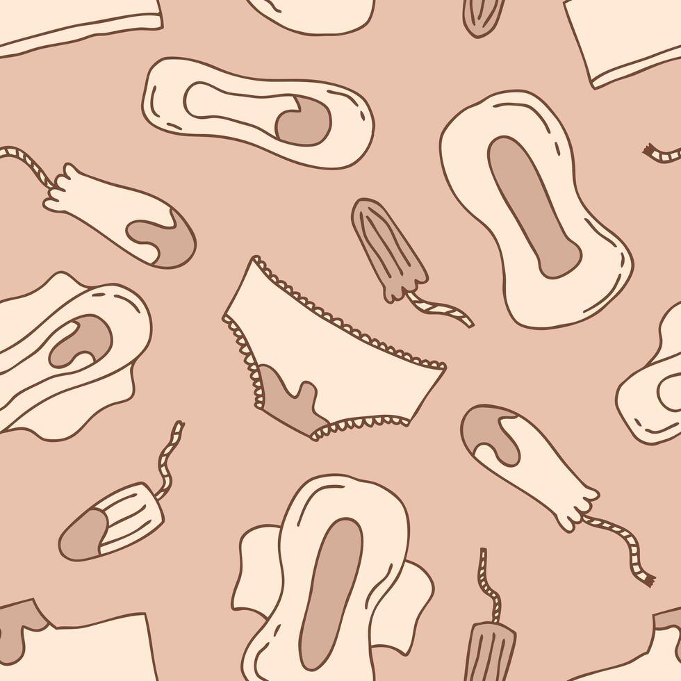 Female hygiene products seamless pattern in trendy mocha mousse colors. Menstruation period supplies template. Hand drawn illustration background. vector