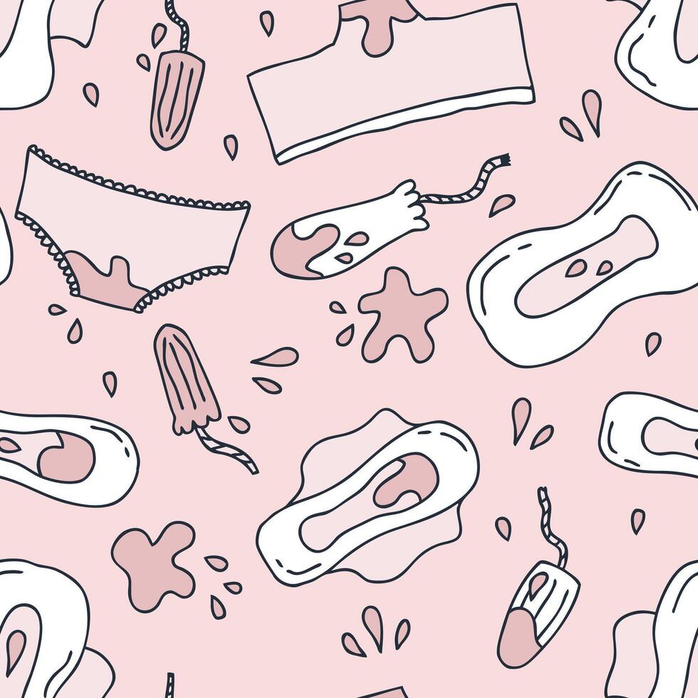 Female gynecological hygiene products doodle seamless pattern. Menstruation period supplies print for paper, textile, label, sale. Hand drawn background. vector