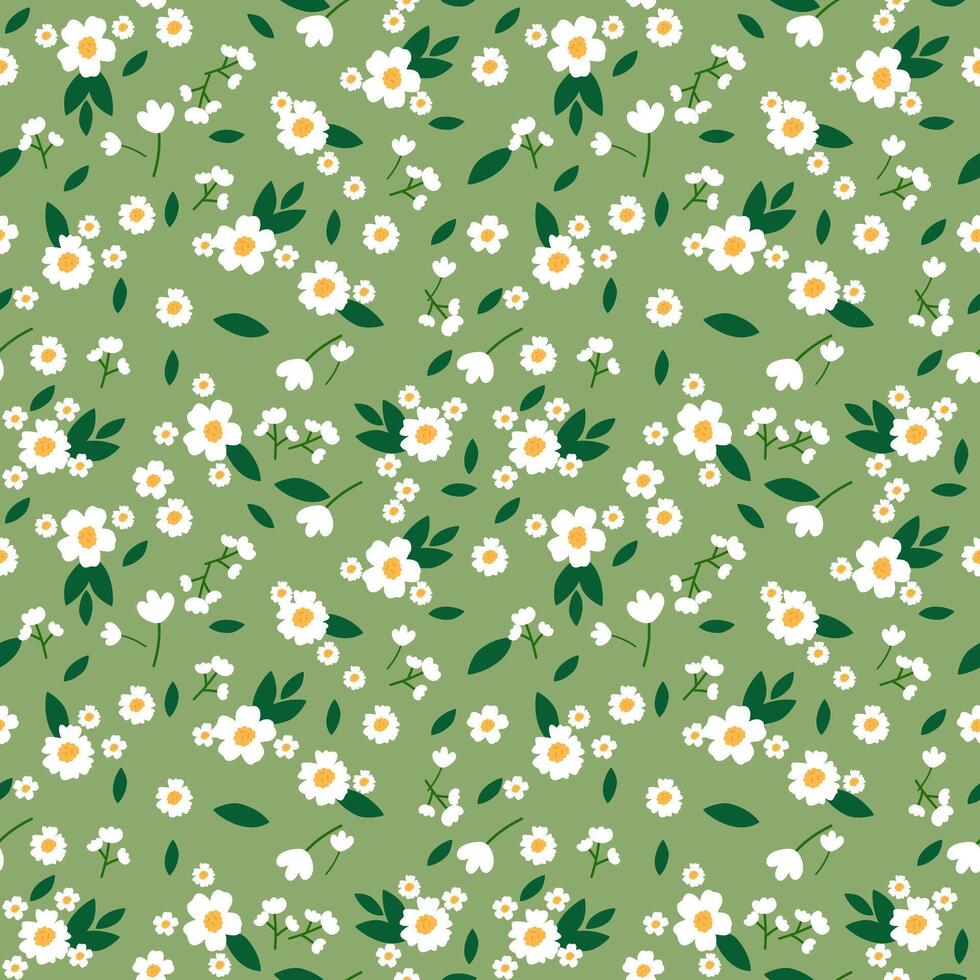 Small flowers seamless pattern on green background vector