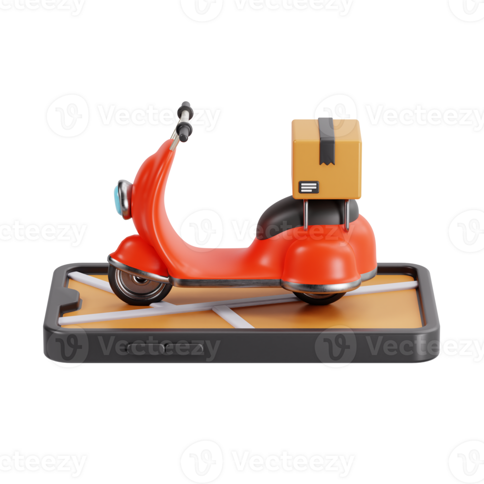 Delivery scooter on smartphone with map 3d render png