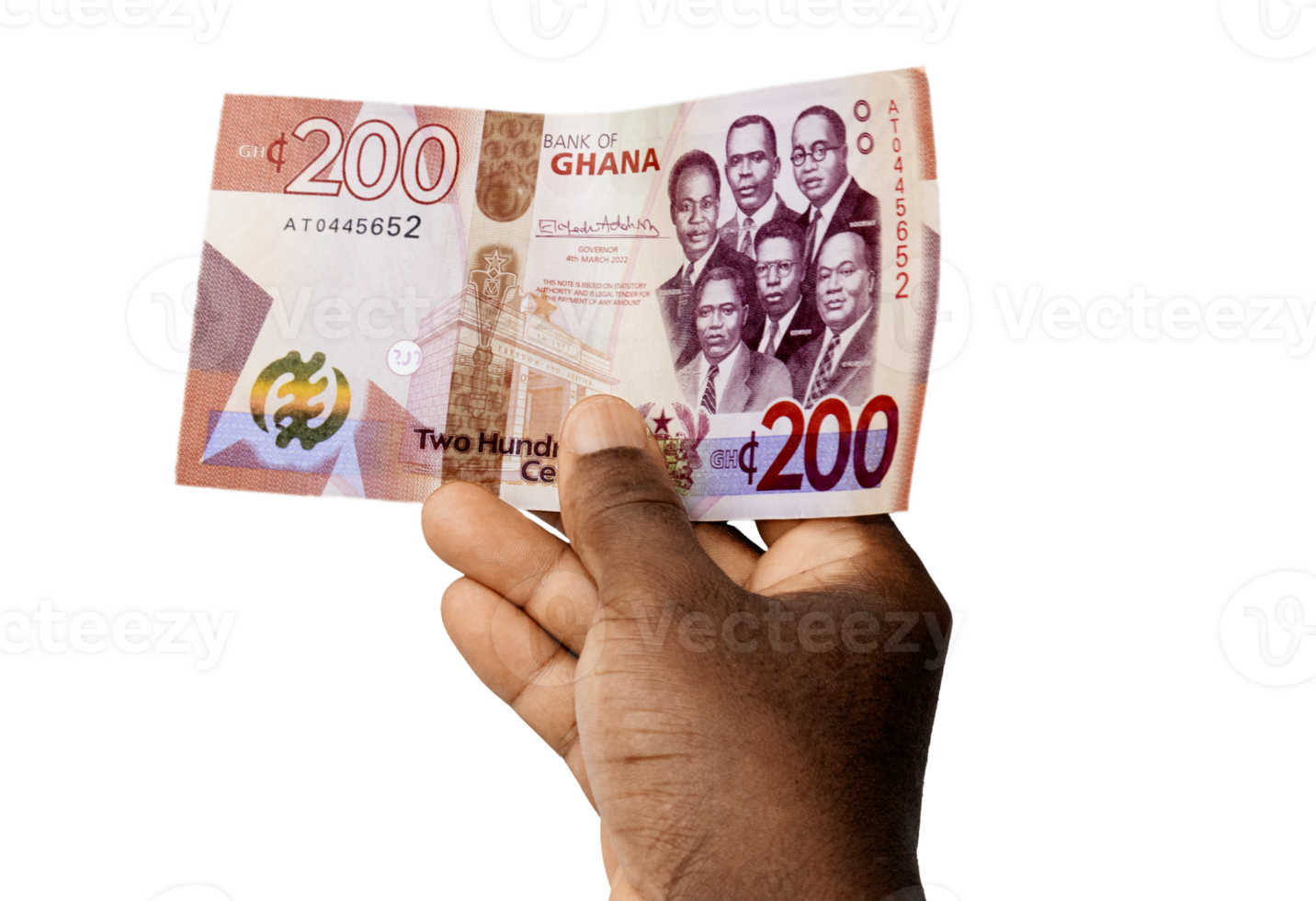 Close up of Black person hands raising showing pointing, inspecting and checking 200 Ghanaian cedi note. watermark.inspection of money.Verification of paper currency not fake counterfeit original real png