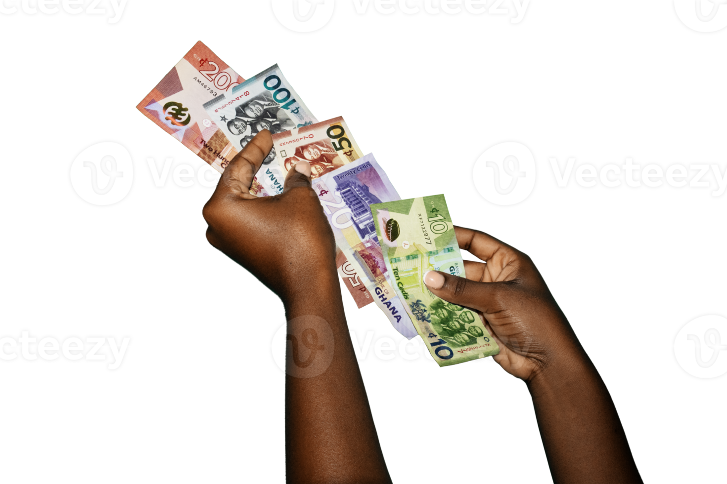 Black african hands holding various Ghanaian cedi notes overlapping each other in a line over transparent background. closeup of Hands holding Ghana paper currencies png