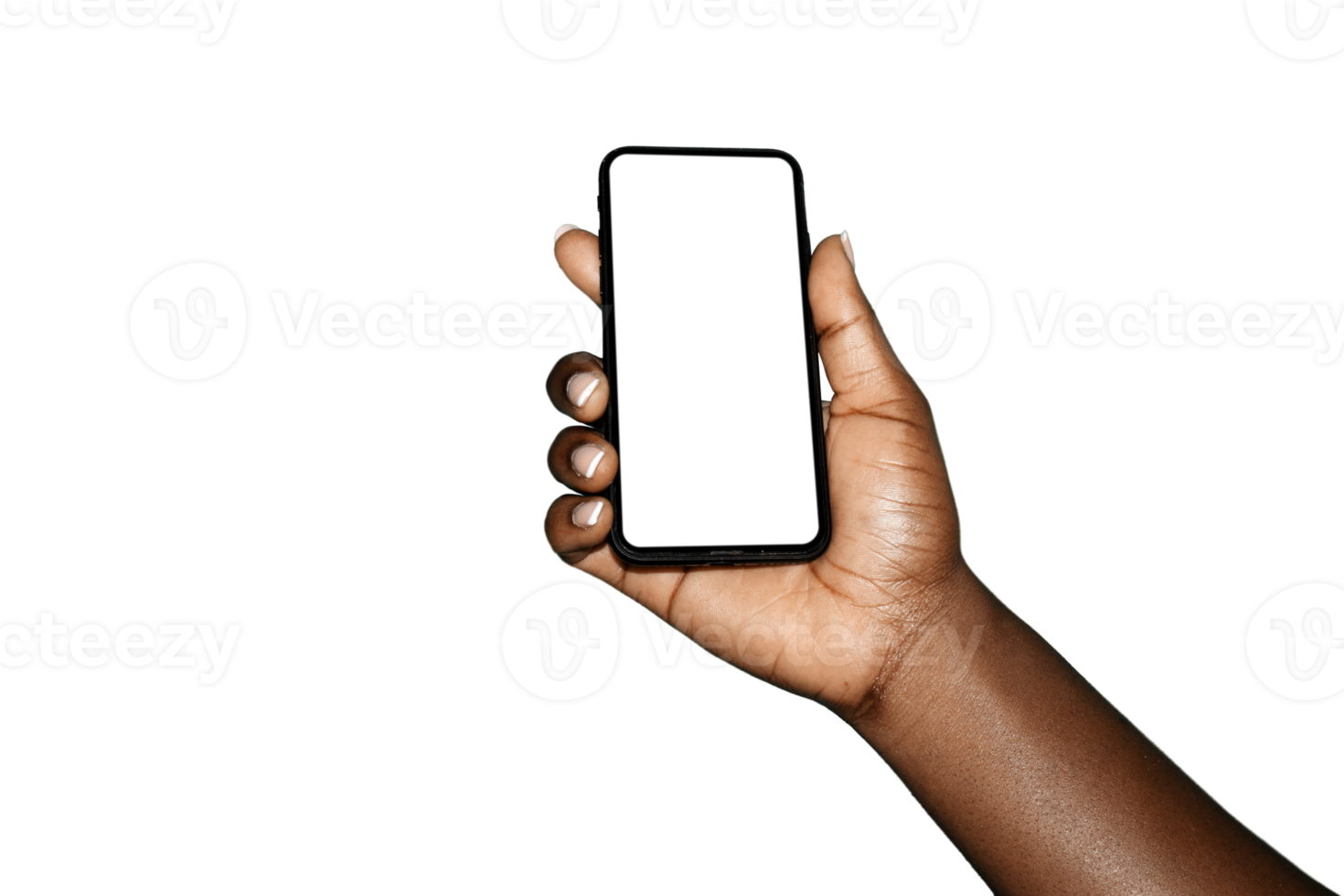 Black hand holding phone facing camera isolated on transparent background. blank screen,phone screen mockup,front view,clipping path,clipping mask png