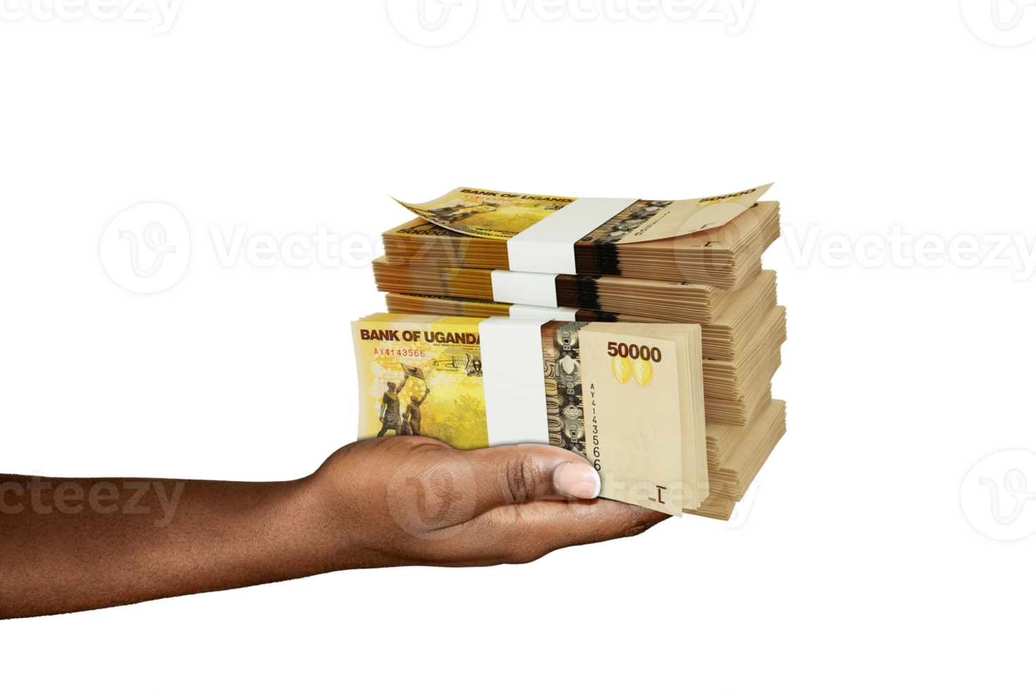 Hand Holding 3D rendering of stacks of Ugandan shilling notes isolated on transparent background png