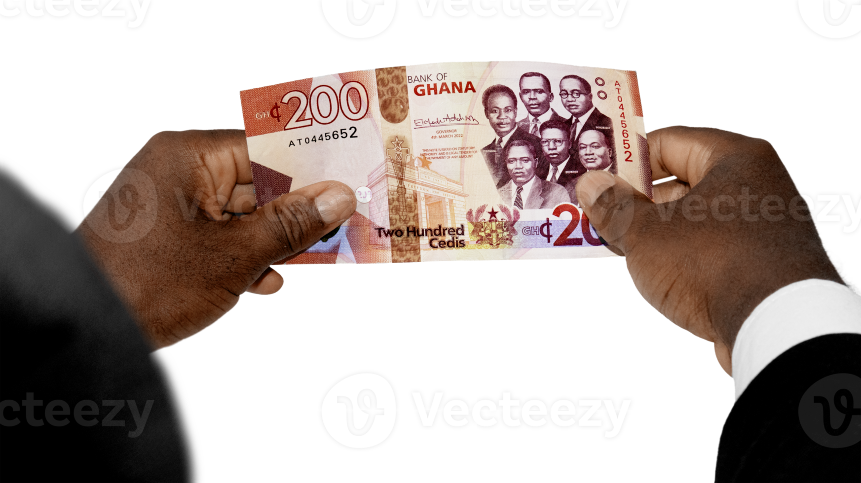 Black person hands in suit inspecting and checking 200 Ghanaian cedi note. watermark.inspection of money. Verification of paper currency not fake counterfeit original real over transparent background png