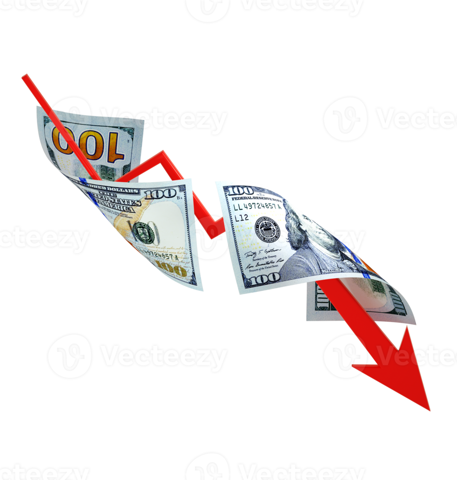 US dollar depreciation concept. Business loss sign icon symbol with Bank paper note moving around isolated on transparent background. 3d illustration png