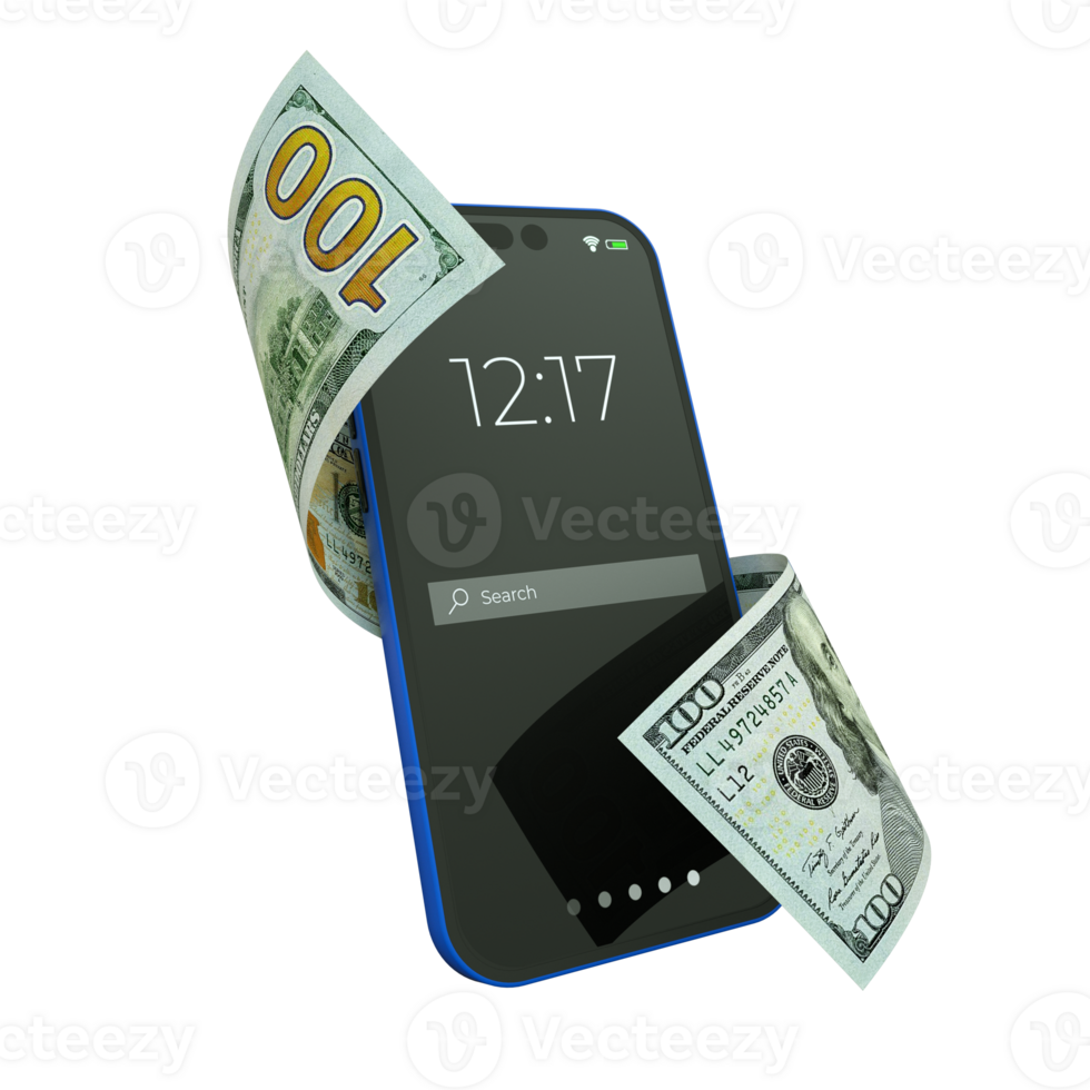 United states dollar moving flying wrapped around a smartphone isolated on a transparent background png