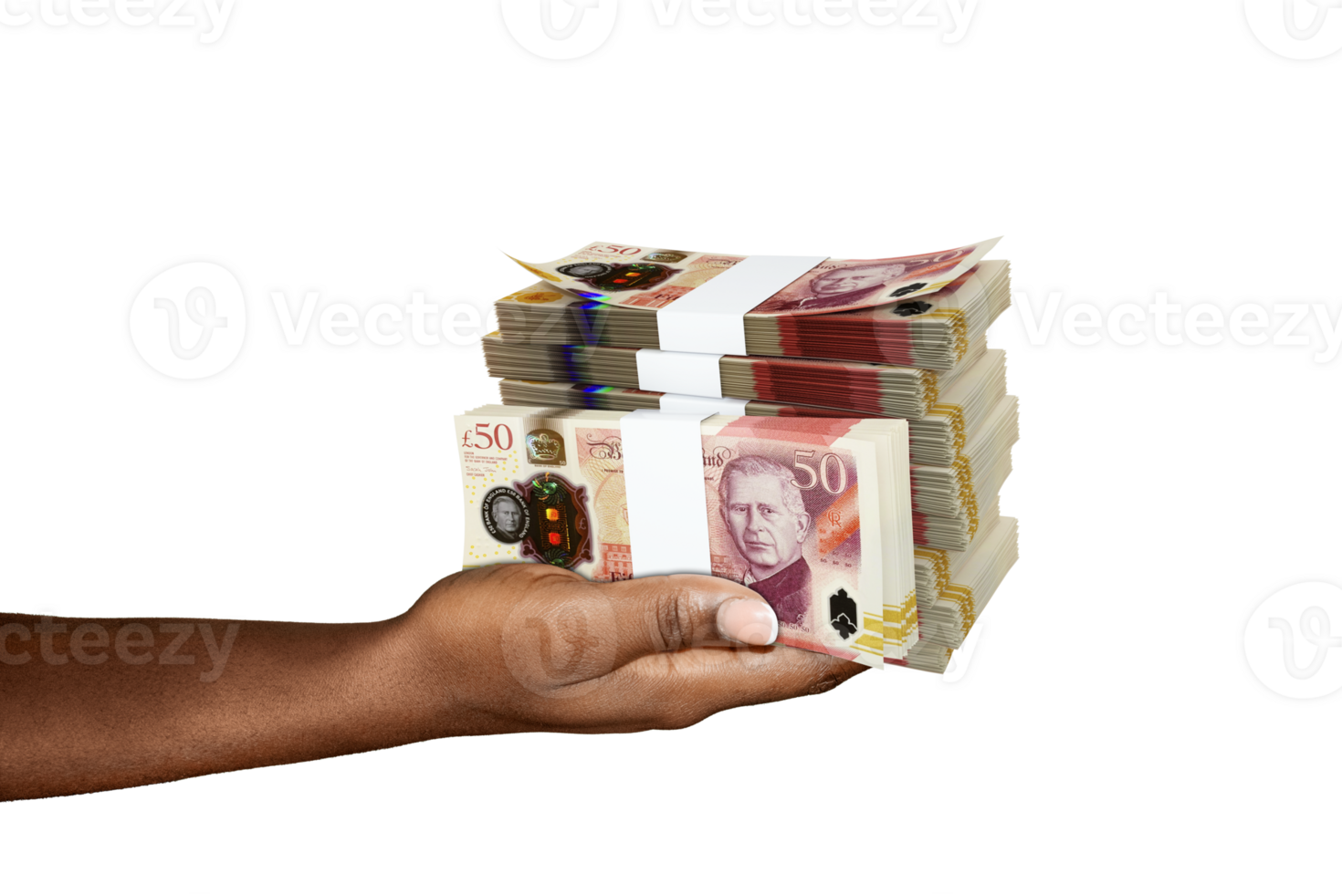 Hand Holding 3D rendering of stacks of 50 British pound notes isolated on transparent background png