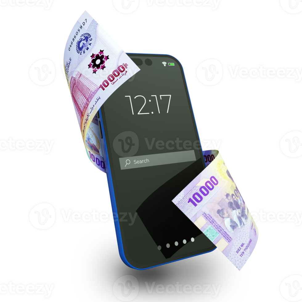 Central CFA francs note moving flying around a smart phone isolated on a transparent background. Mobile money concept png