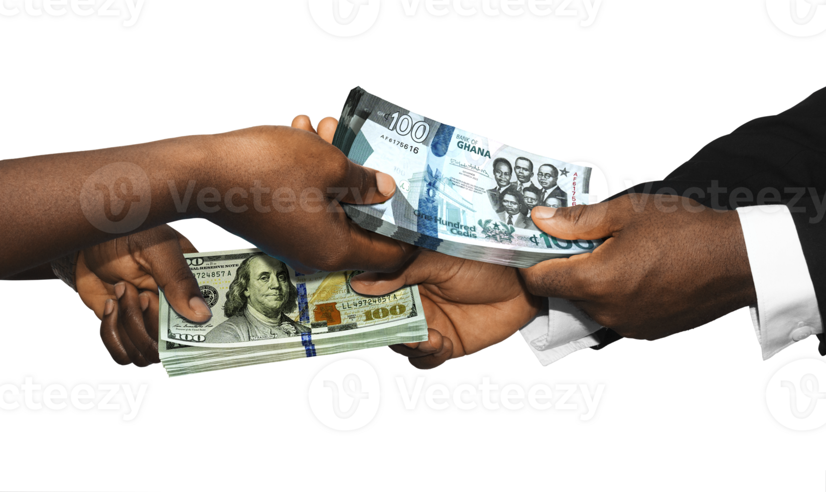 Two black african people hands holding exchanging stacks USA Dollar and Ghanaian cedi currrency notes on transparent background. pairing, Weighing and comparing two country monies. Exchange rate png