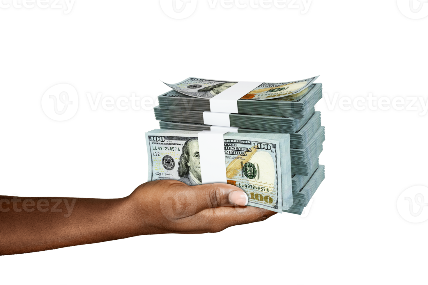 Hand Holding 3D rendering of stacks of 100 US dollar notes isolated on transparent background png