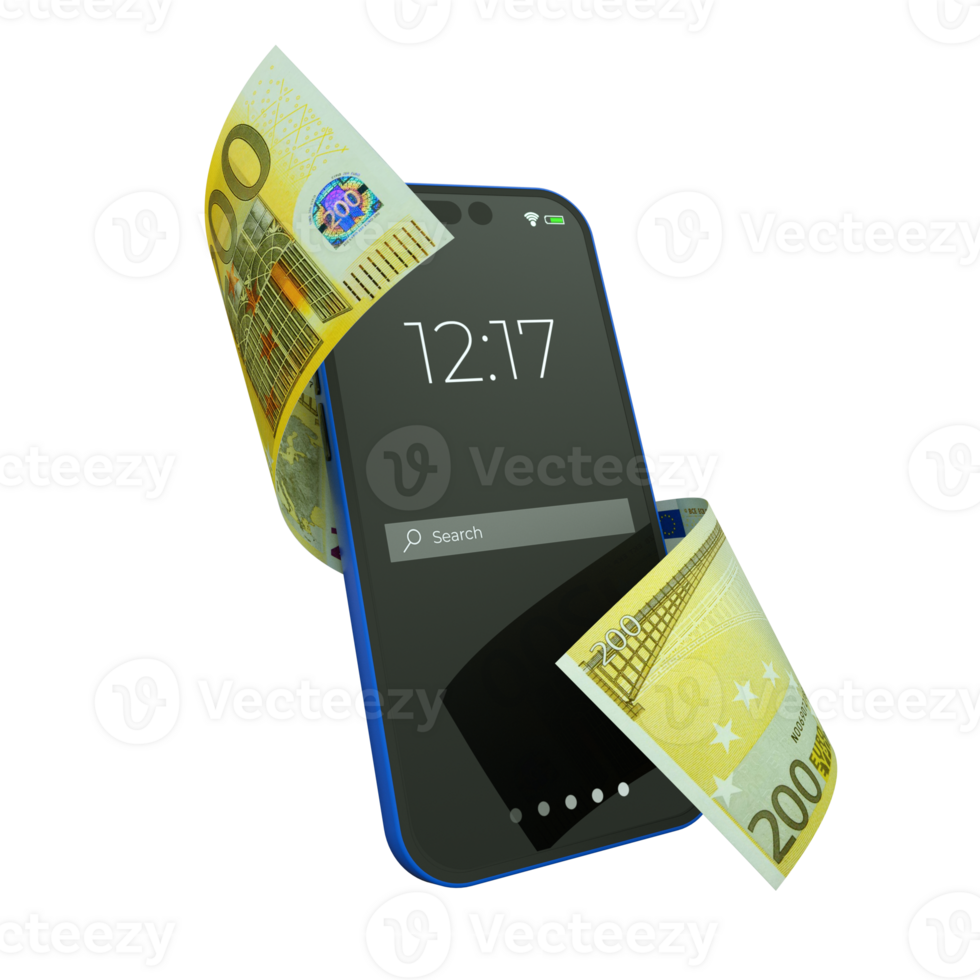 Euro note moving flying around a smartphone isolated on a transparent background. Mobile money concept png