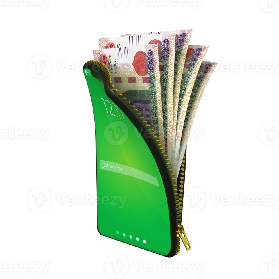 Online mobile money wallet concept. 3D rendering of Egyptian Pounds notes inside smart phone isolated on transparent background. money coming out of purse png