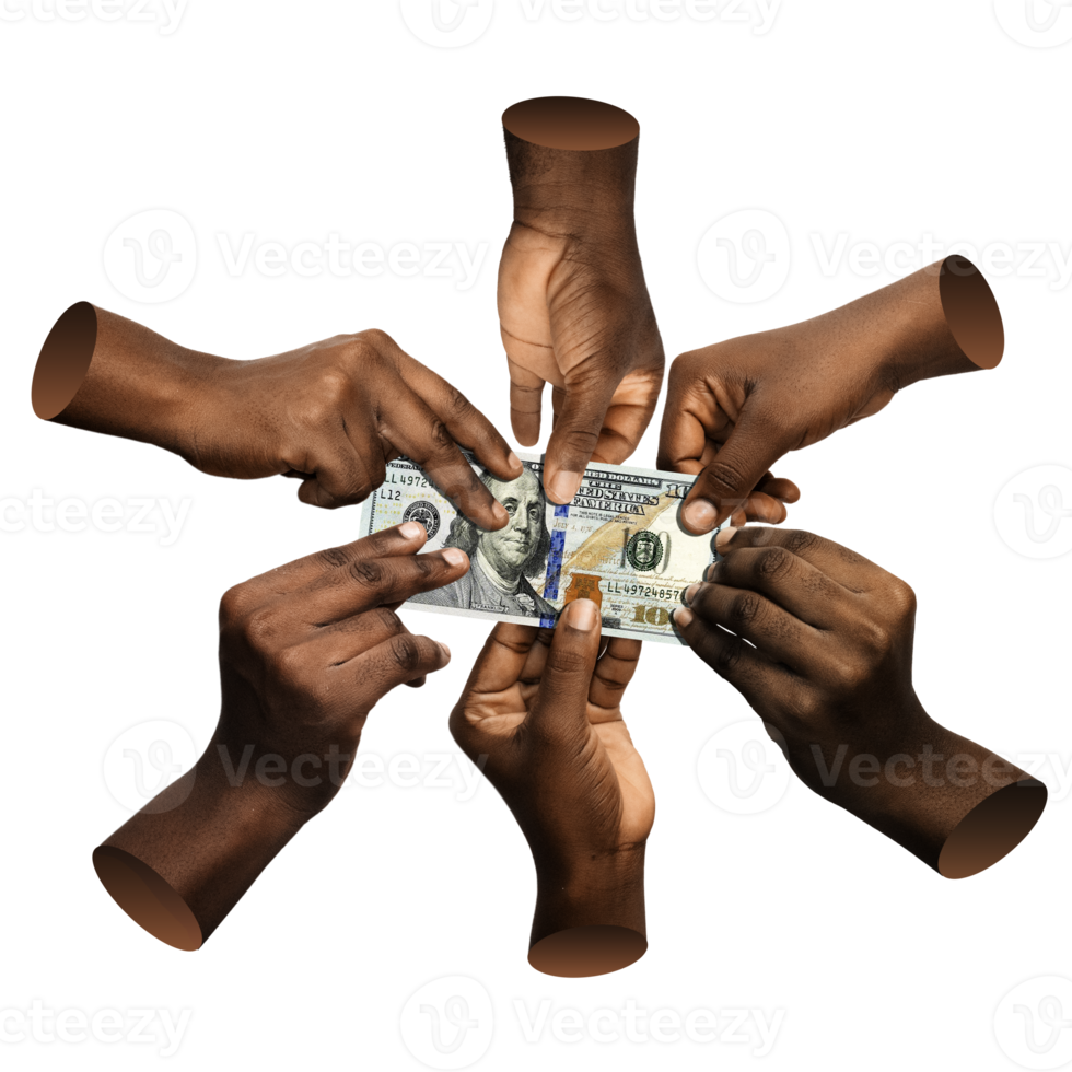 Black African hands reaching touching holding single 100 US dollar notes money over white background. Stretching arms for cash teamwork togethetness fighting war competing challenging struggling png