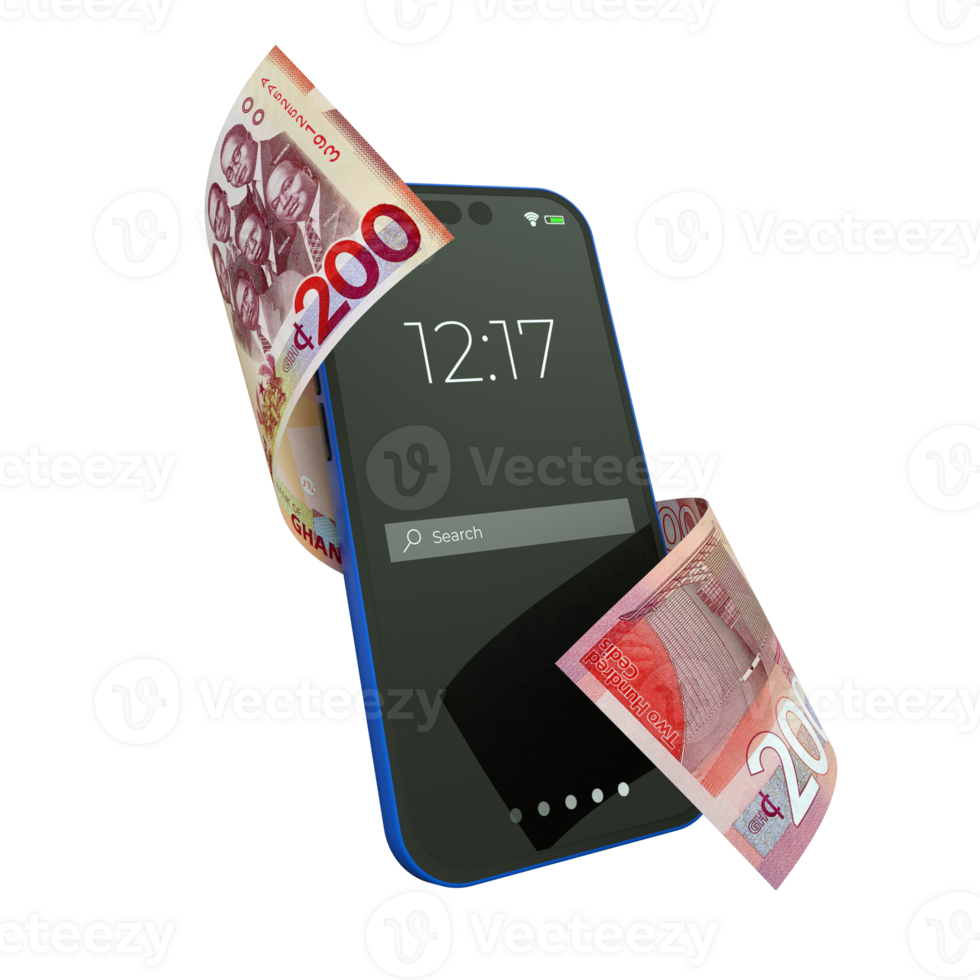 200 ghanaian cedi notes moving flying wrapped around a smartphone isolated on a transparent background png