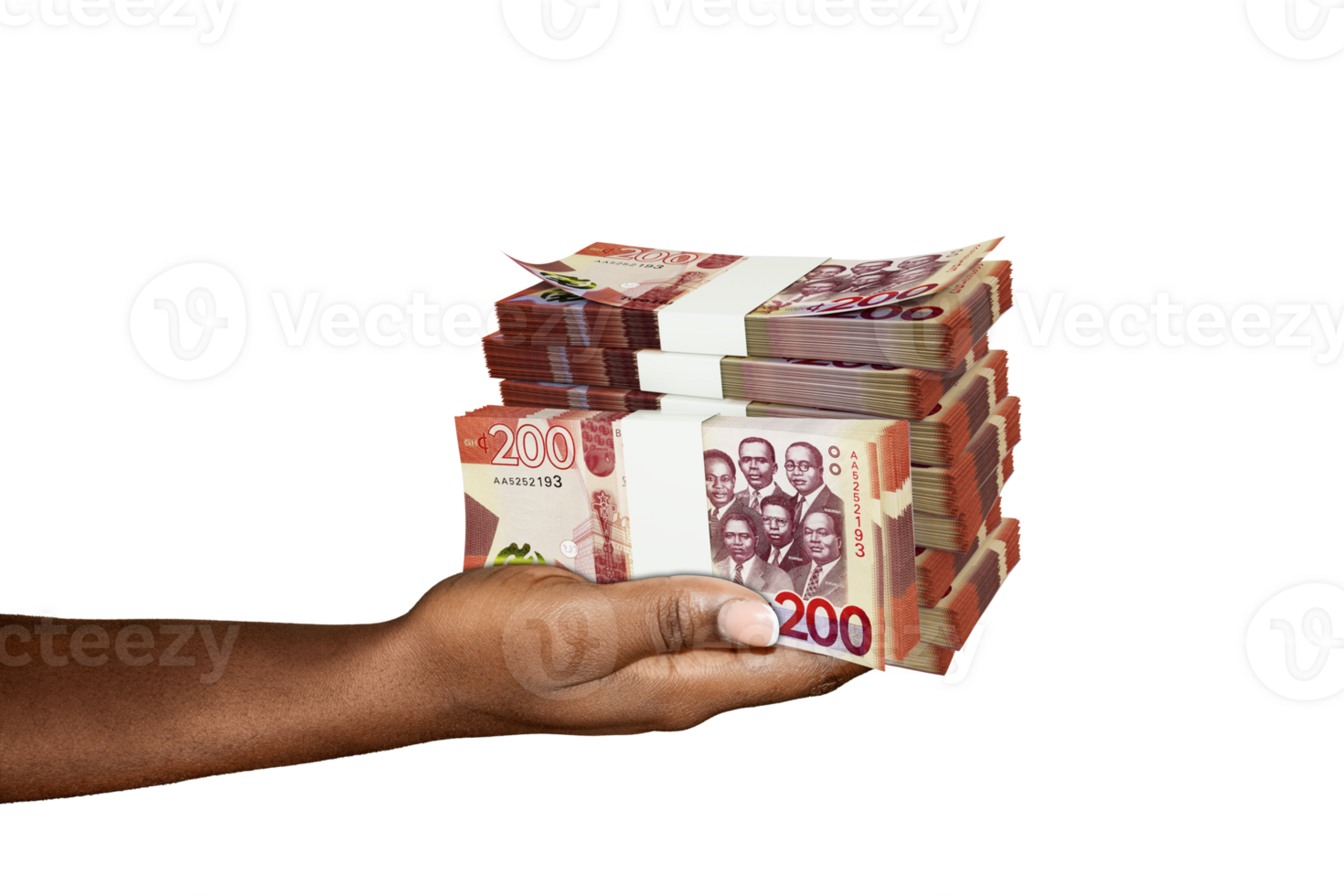 Hand Holding 3D rendering of stacks of 200 Ghanaian cedi notes isolated on transparent background png