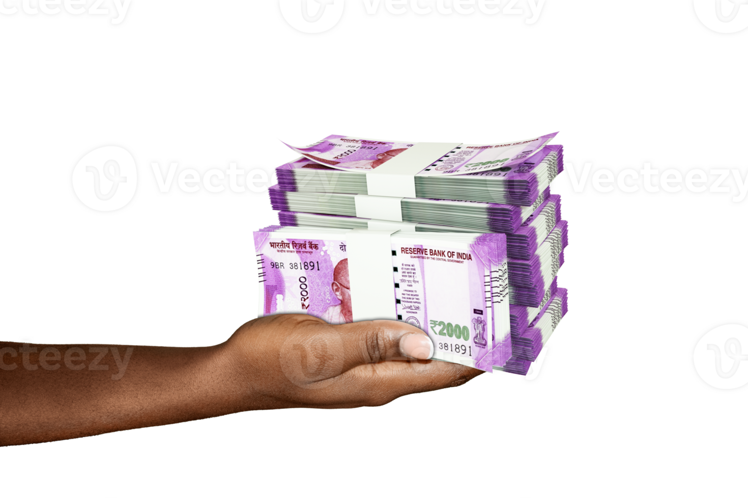 Hand Holding 3D rendering of stacks of 2000 Indian rupee notes isolated on transparent background png