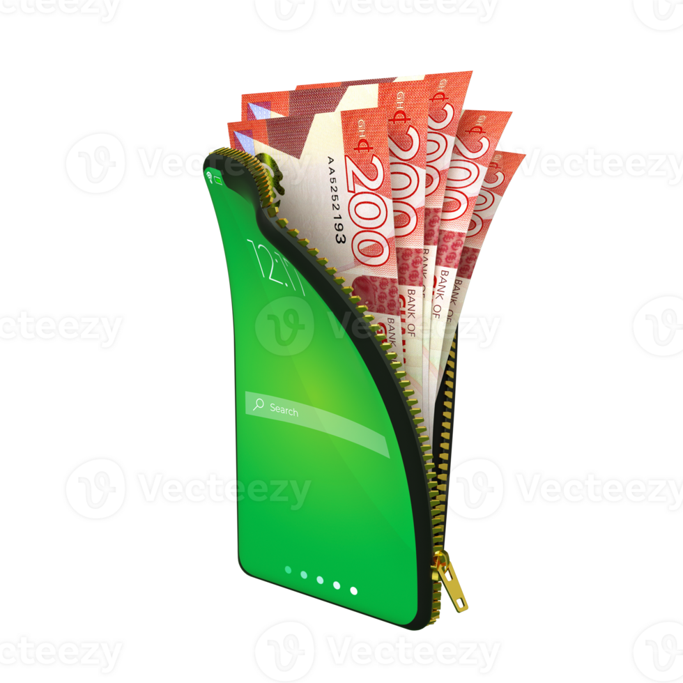 Online mobile wallet concept. 3D rendering of Ghanaian cedi notes inside smart phone isolated on transparent background. money coming out of purse png