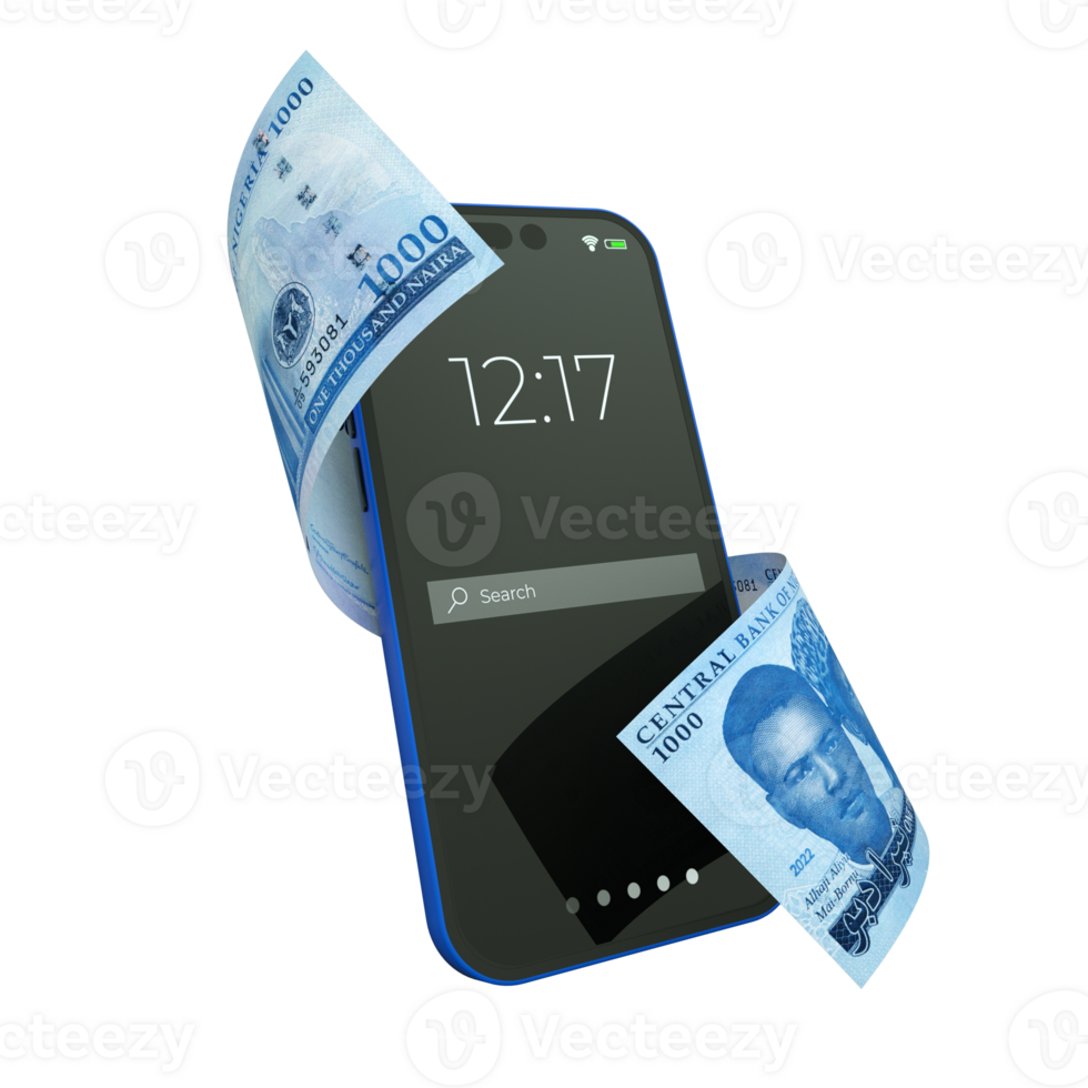 Nigerian Naira notes moving flying wrapped around a smartphone isolated on a transparent background png