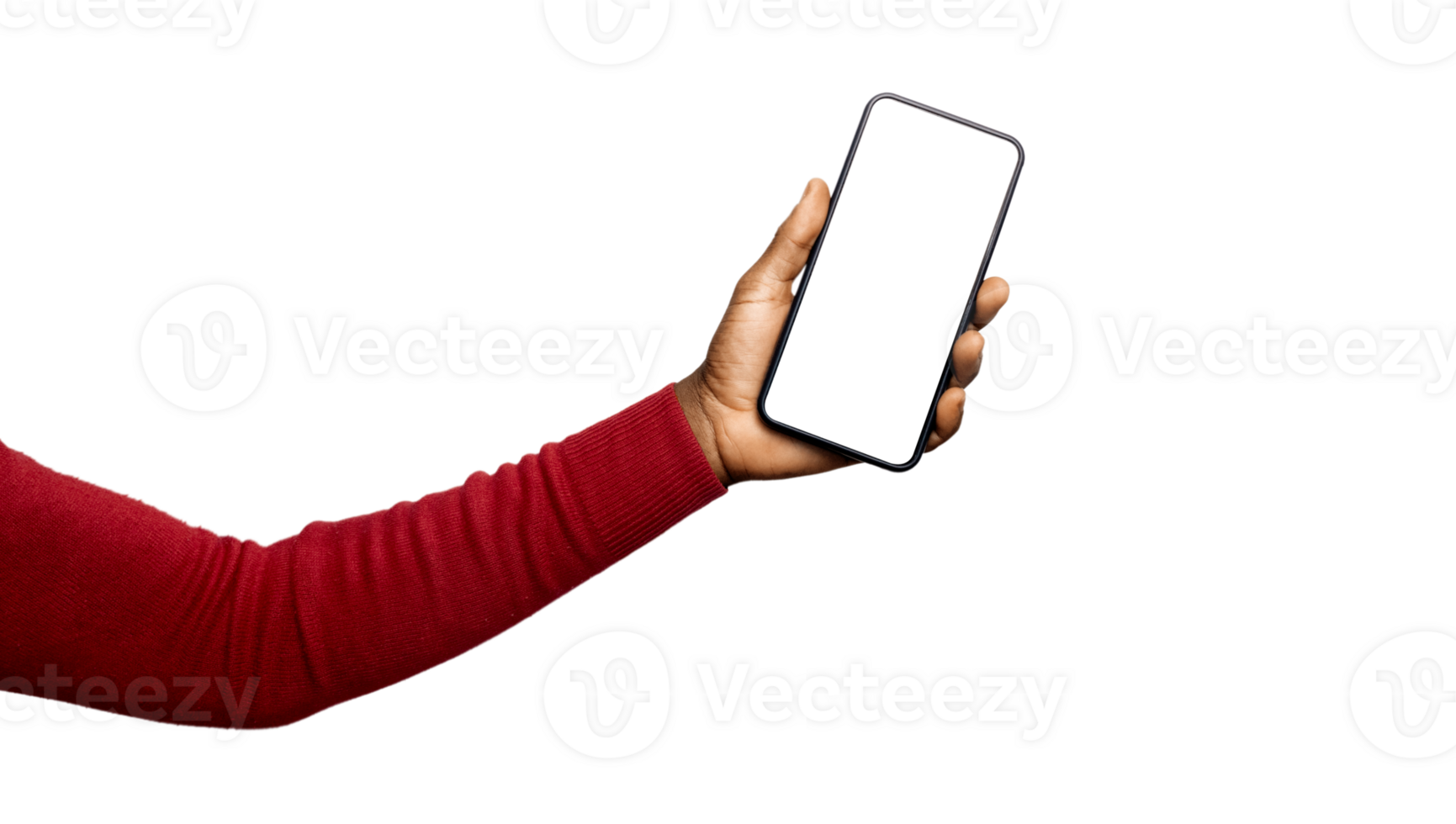 Outstretched Black African hand in red long sleeves body con sweater holding mobile phone with blank yellow screen isolated on transparent background. Lift raise showing front view png