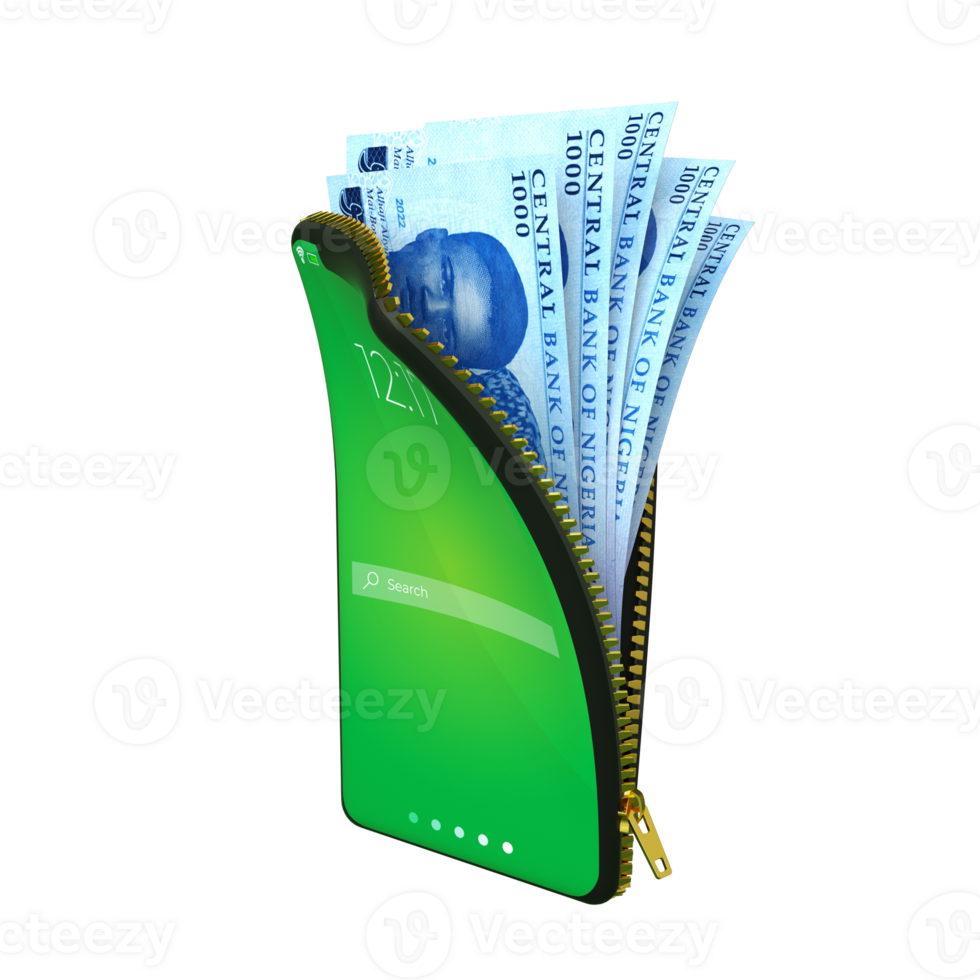 Online mobile money wallet concept. 3D rendering of Nigerian Naira notes inside smart phone isolated on transparent background. money coming out of purse png