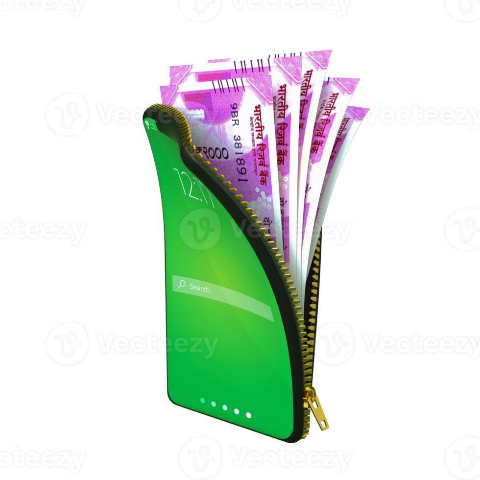 Online mobile money wallet concept. 3D rendering of Indian rupee notes inside smart phone isolated on transparent background. money coming out of purse png