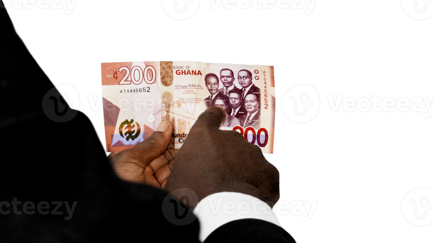 Black person hands in suit pointing, inspecting and checking 200 Ghanaian cedi note. watermark.inspection of money. Verification of paper currency not fake counterfeit original real png