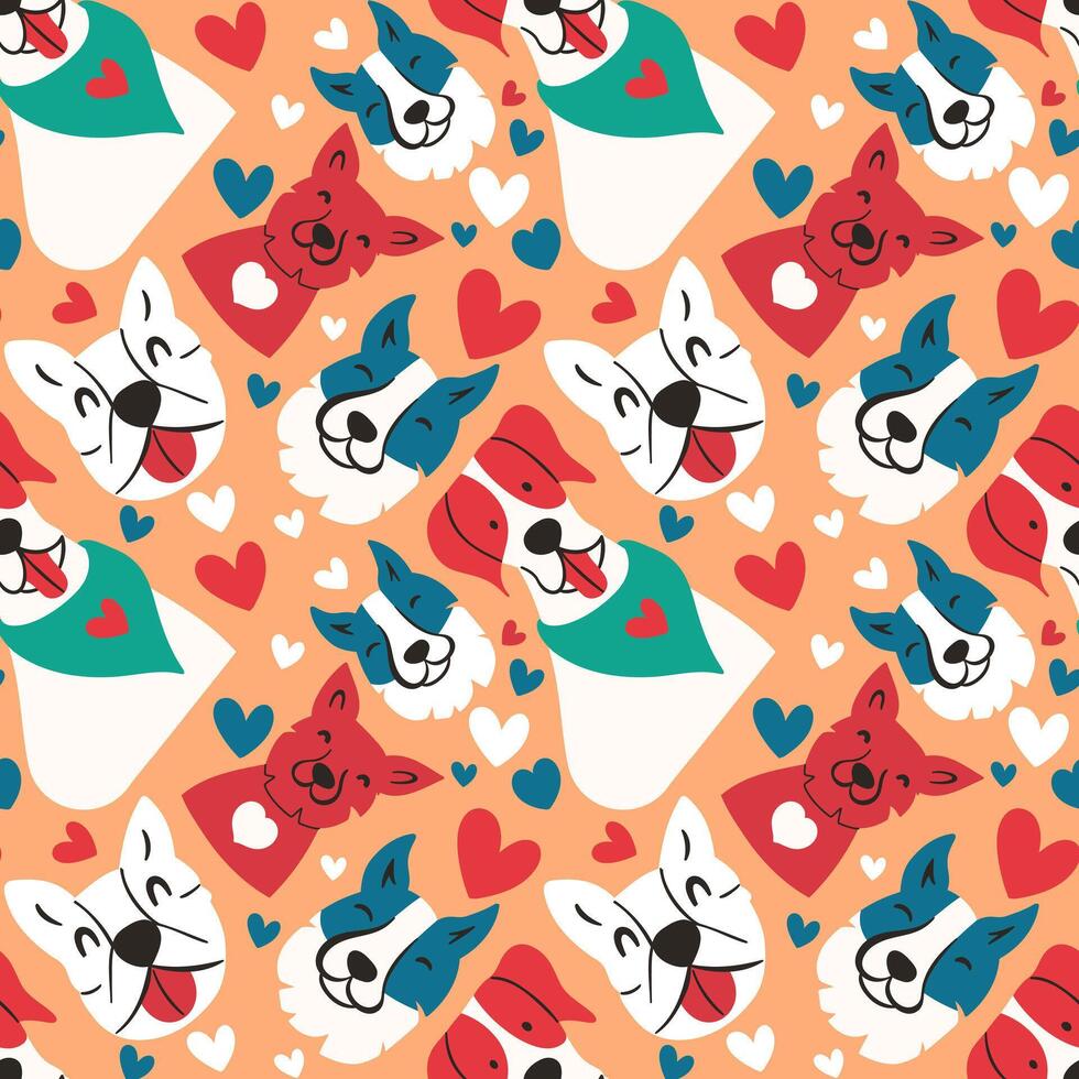 Colorful dog faces and hearts illustration vector