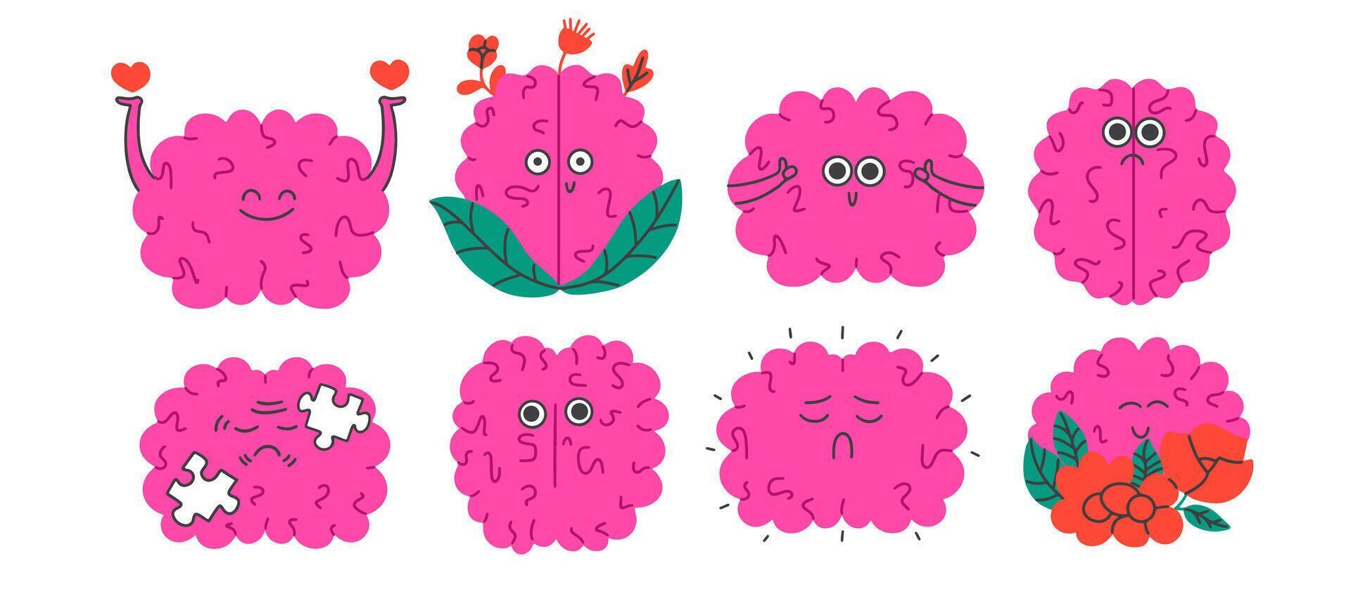 Colorful cartoon brains with emotions and expressions vector