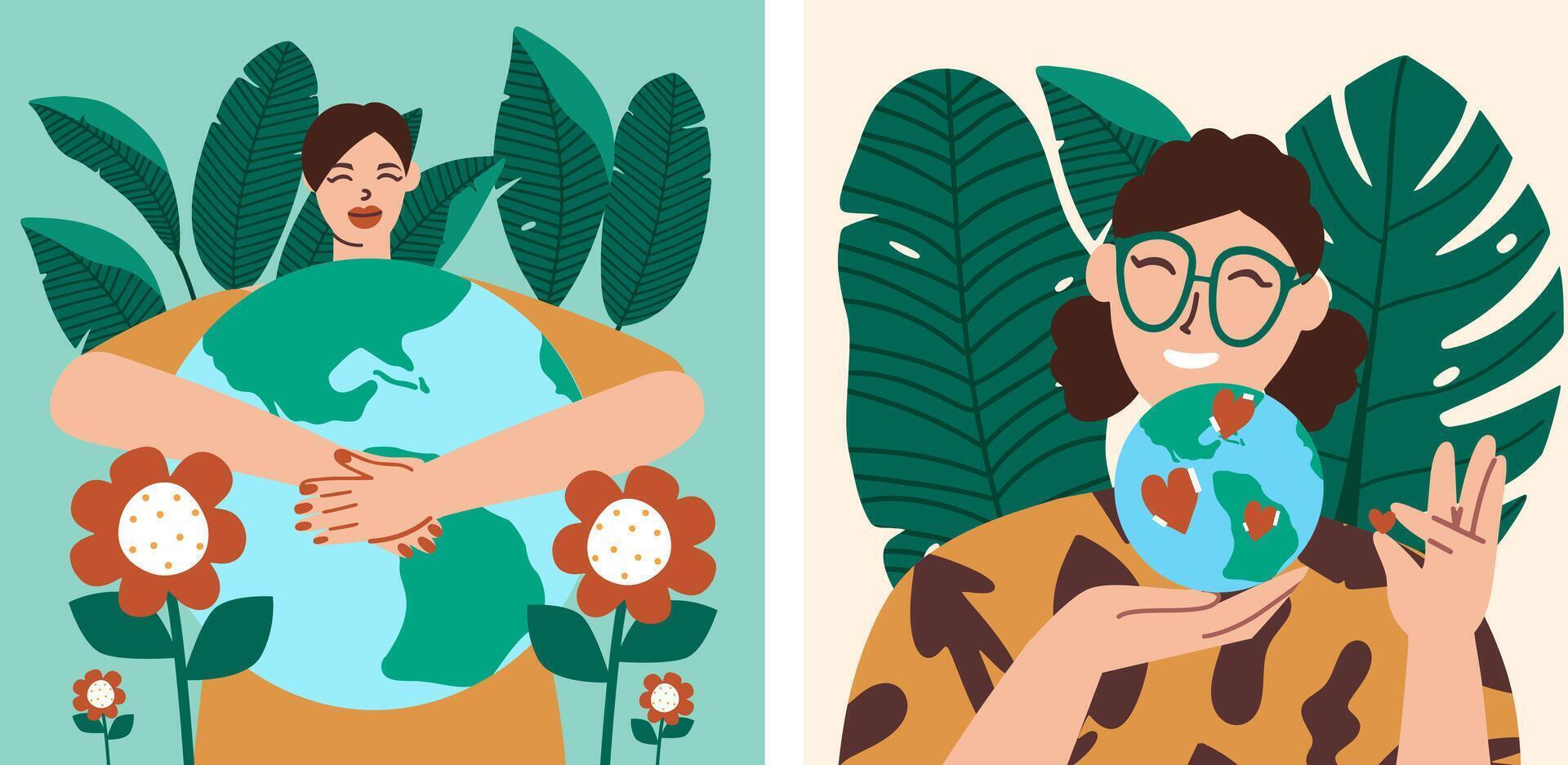 Conceptual hand drawn illustration for earth day and support of environmental sustainability. Two women holding the earth in their hands and taking care of it with love. Eco-friendly cards. vector