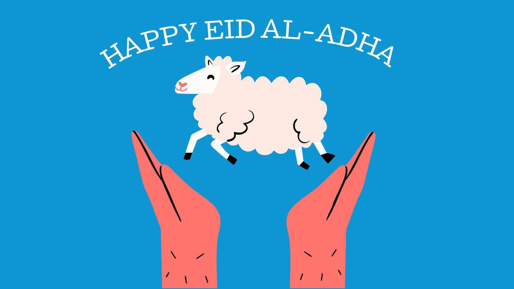 Happy Eid Al-Adha banner with a cute hand drawn sheep and hands. festive card or poster. vector