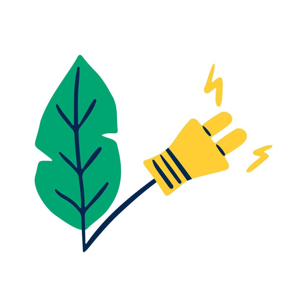 Green energy trendy flat concept. Electric plug and leaf. Eco, bio, organic design hand drawn elements vector