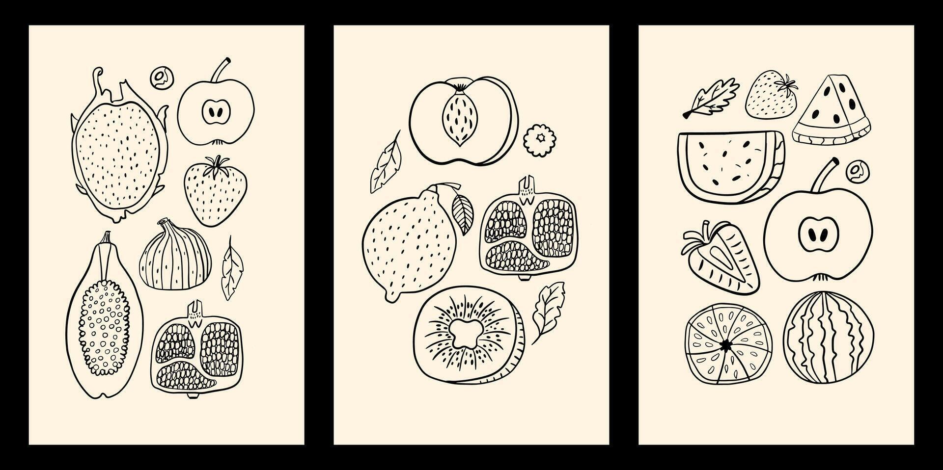 Set of posters in hand draw style with different fruits. Line art apples, watermelon, dragon fruit, and other. design elements vector
