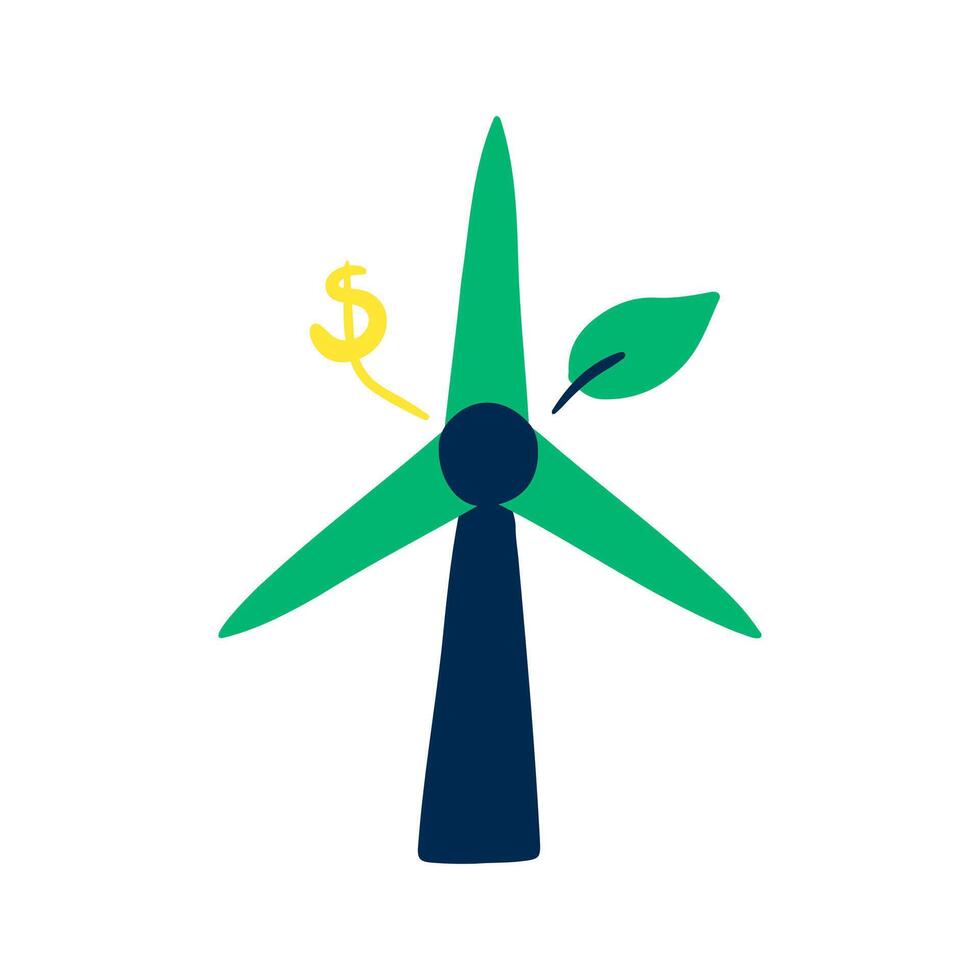 Wind turbine, dollar sign and leaf. Green energy investment concept. Sustainable and renewable energy source. Graphic hand drawn eco-friendly element vector