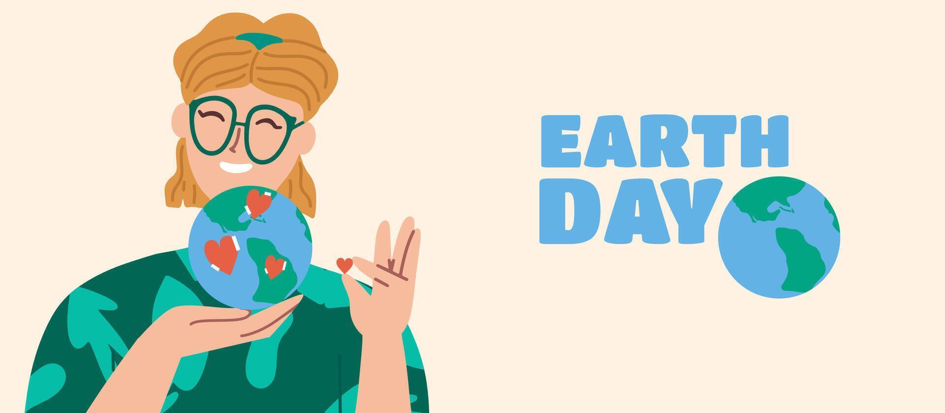 Earth Day banner with cute woman holding earth with heart stickers on it. Caring and loving the planet conceptual illustration vector